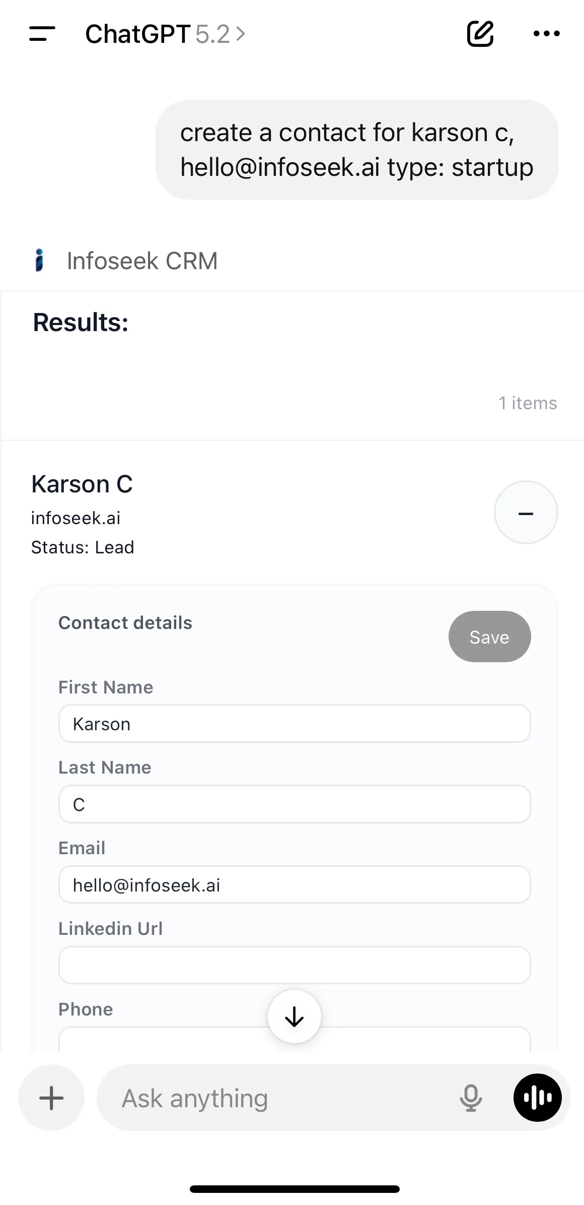 Manage your CRM contacts, leads, and more directly in ChatGPT
