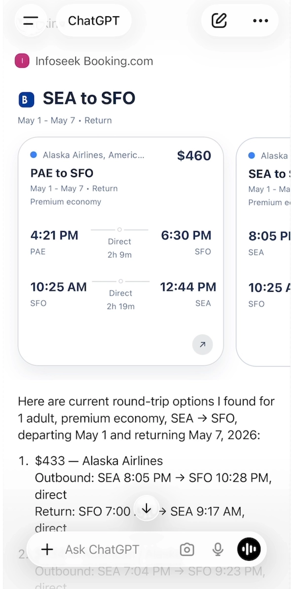 Booking.com Flights MCP demo showing the search_flights_booking MCP call and widget output