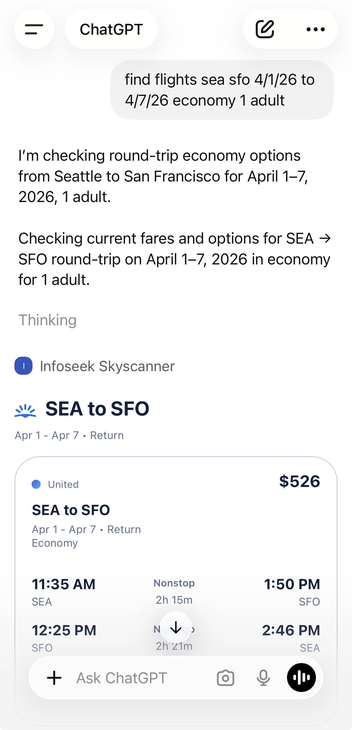 Skyscanner MCP demo showing a one-shot MCP call inside ChatGPT