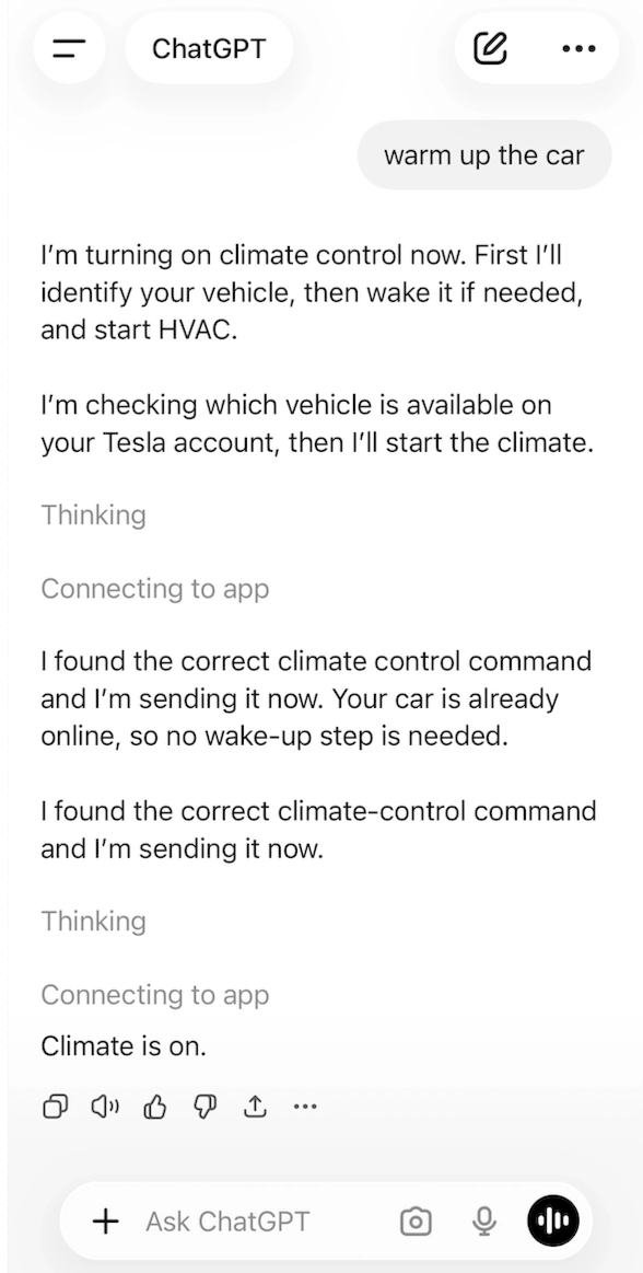 Tesla MCP demo running inside an AI workflow