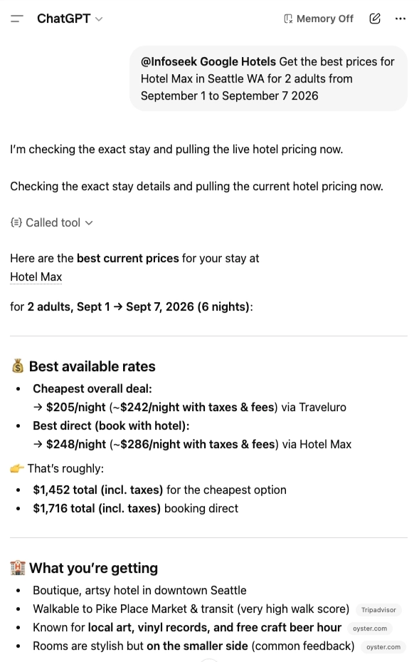 Google Hotels MCP running inside a preferred AI workflow