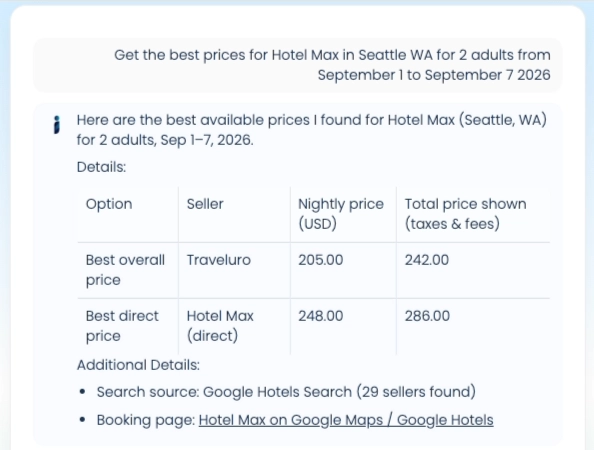 Google Hotels Prices MCP demo showing the get_hotel_prices one-shot MCP call