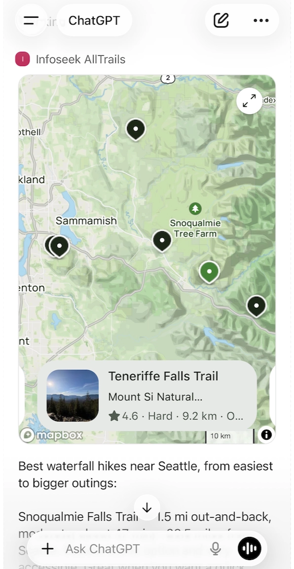 AllTrails MCP demo in ChatGPT