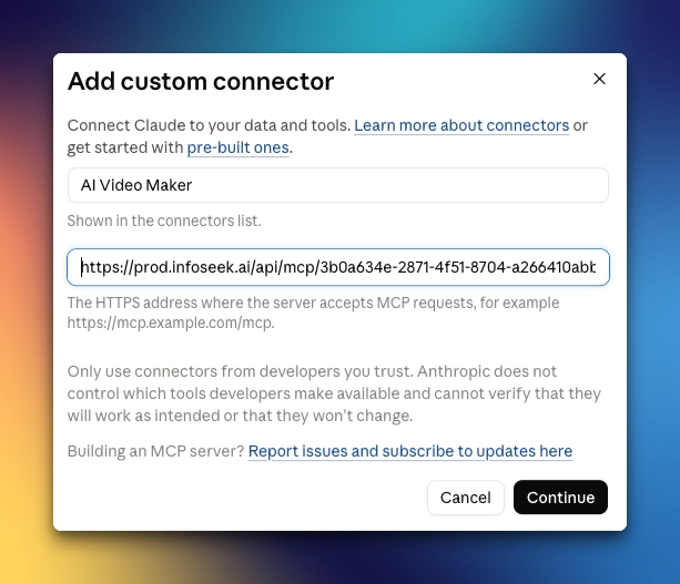 Claude custom connector form with the AI Video Maker name and remote server URL