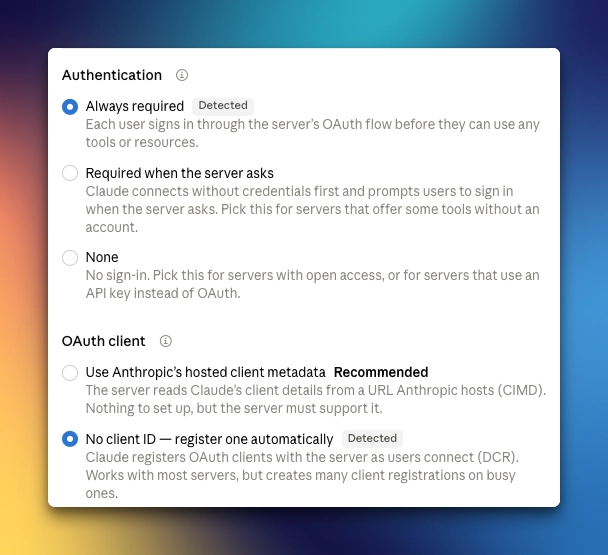 Claude Authentication settings with Always required and No client ID selected