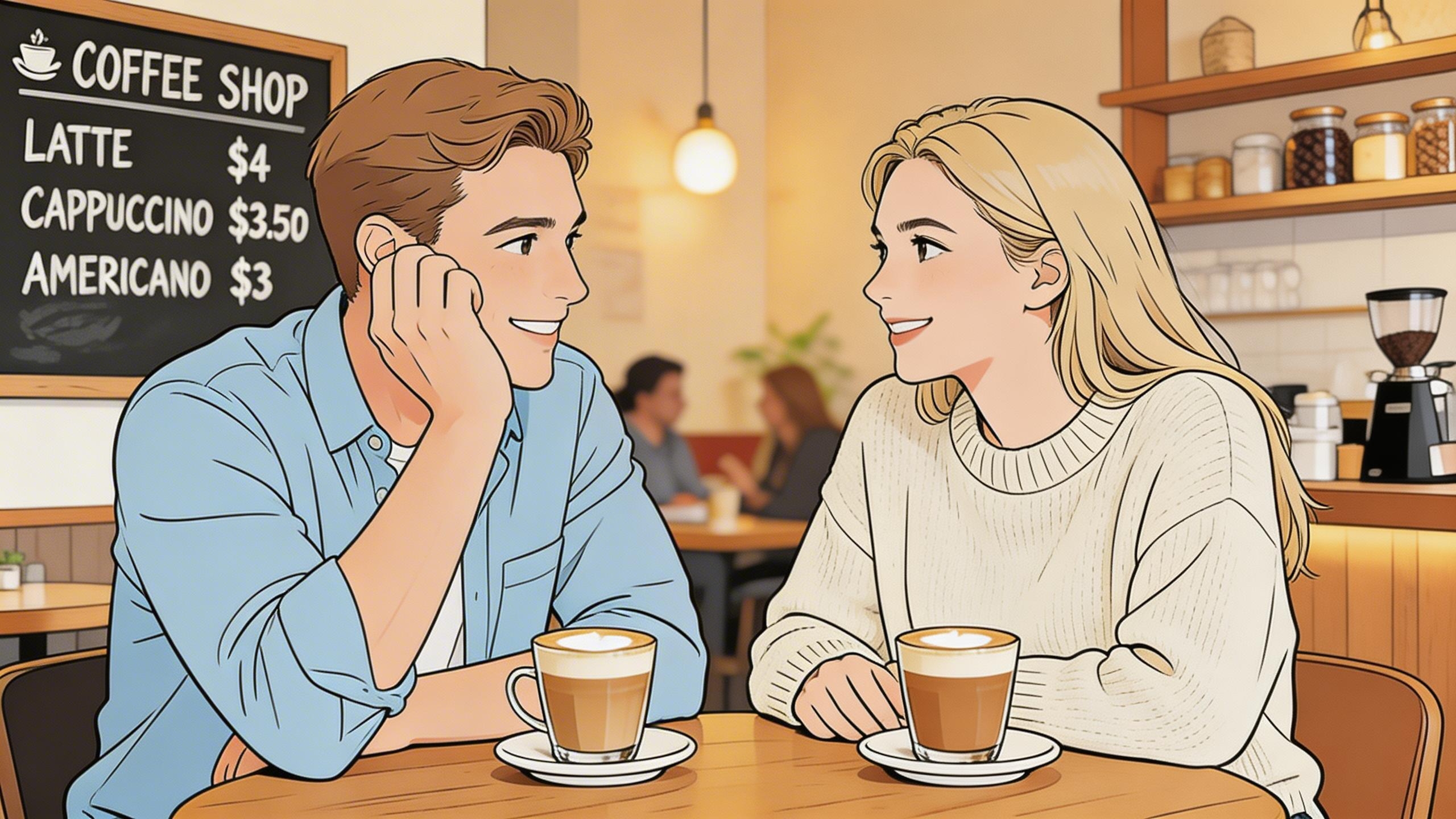 Illustrated coffee shop scene with a couple sitting at a table and a text-filled menu board