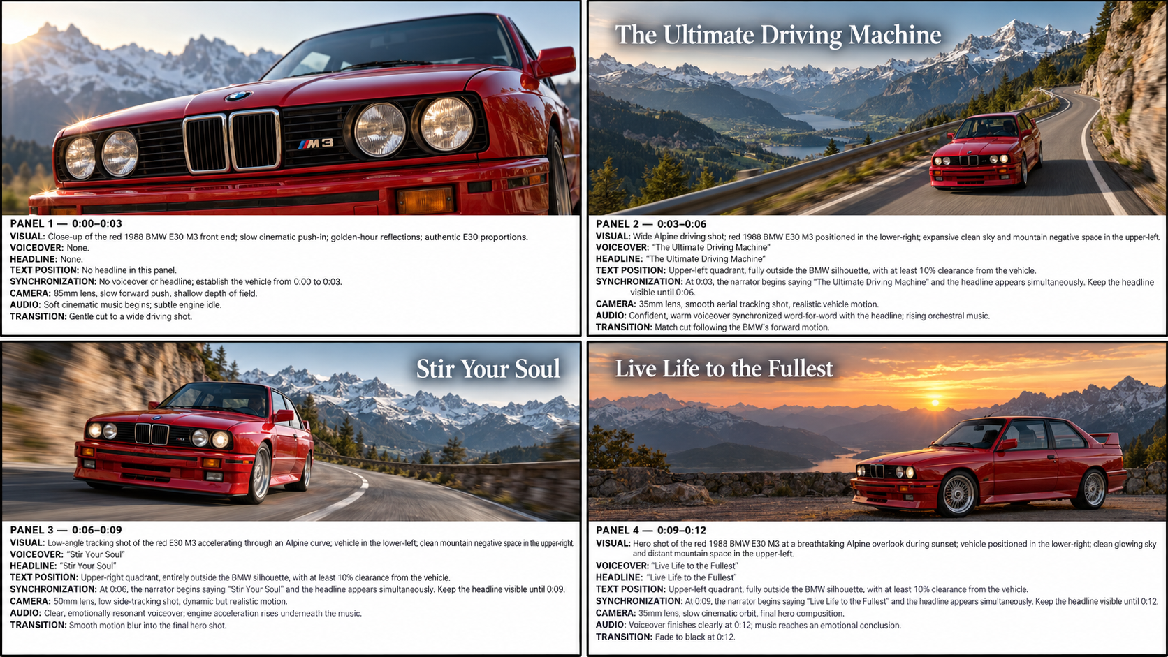 Four-panel BMW E30 M3 Swiss Alps storyboard with production notes