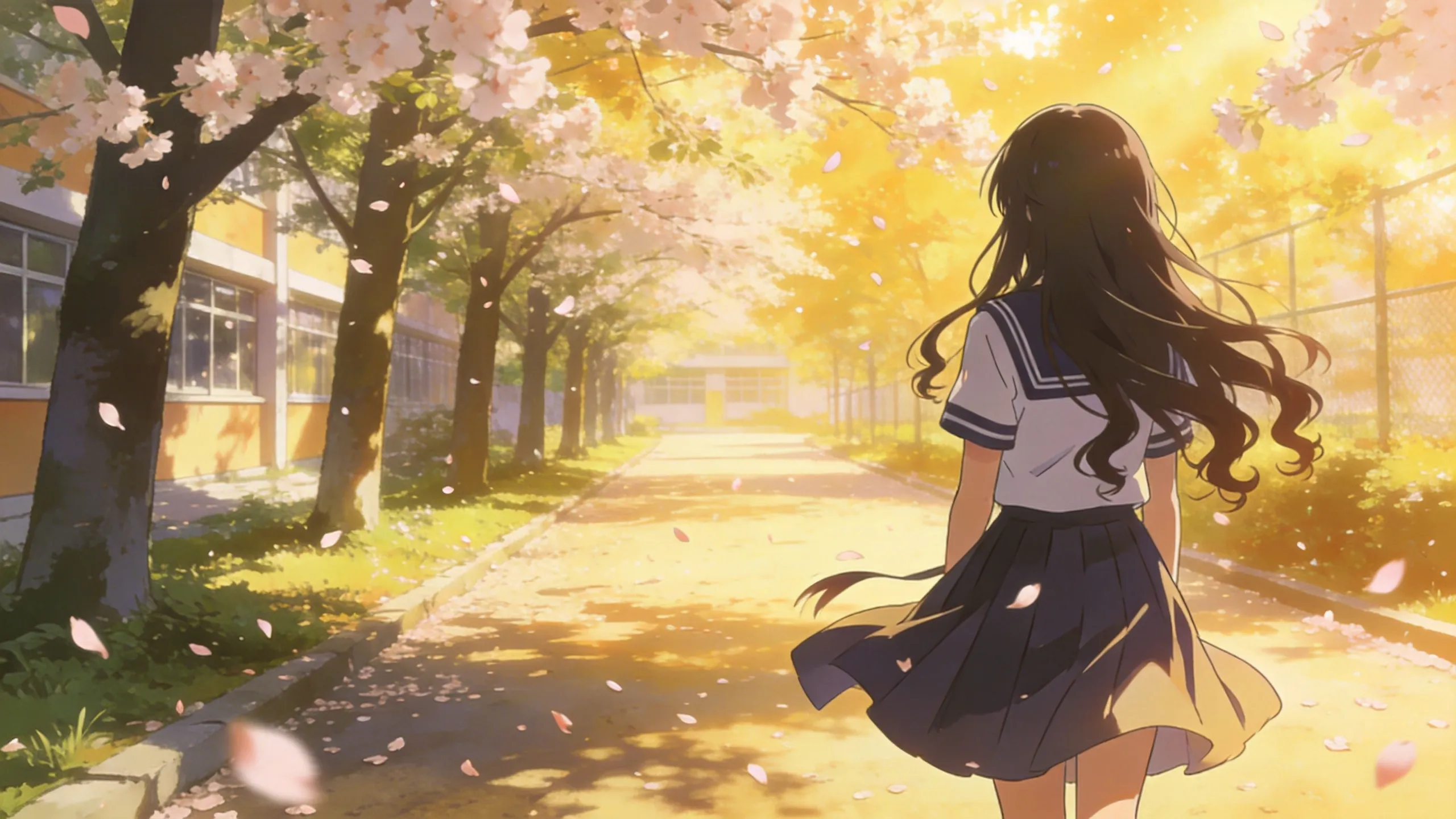 Anime-style school walkway scene with a girl walking beneath cherry blossoms at sunset