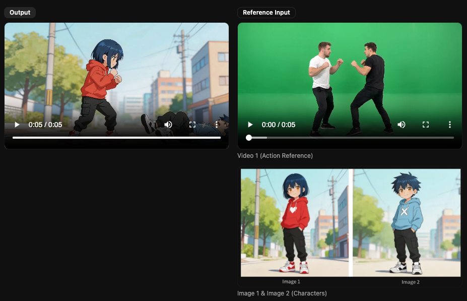Video Maker setup showing a fight-scene output, action reference video, and two character images