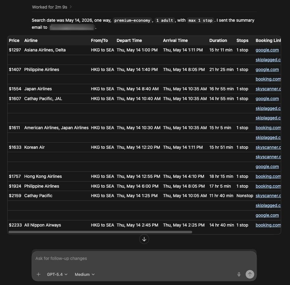 Codex Agents automating Flight Agent Matrix searches