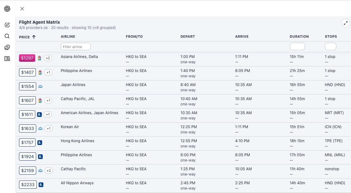 Flight Agent Matrix rich ChatGPT experience with filtering and sorting