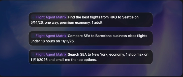 Flight Agent Matrix MCP demo showing the compare_flights_all_providers MCP call and widget output