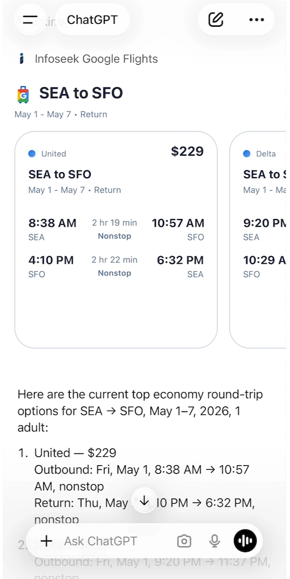 Google Flights Search MCP demo showing the search_flights_goog MCP call and widget output