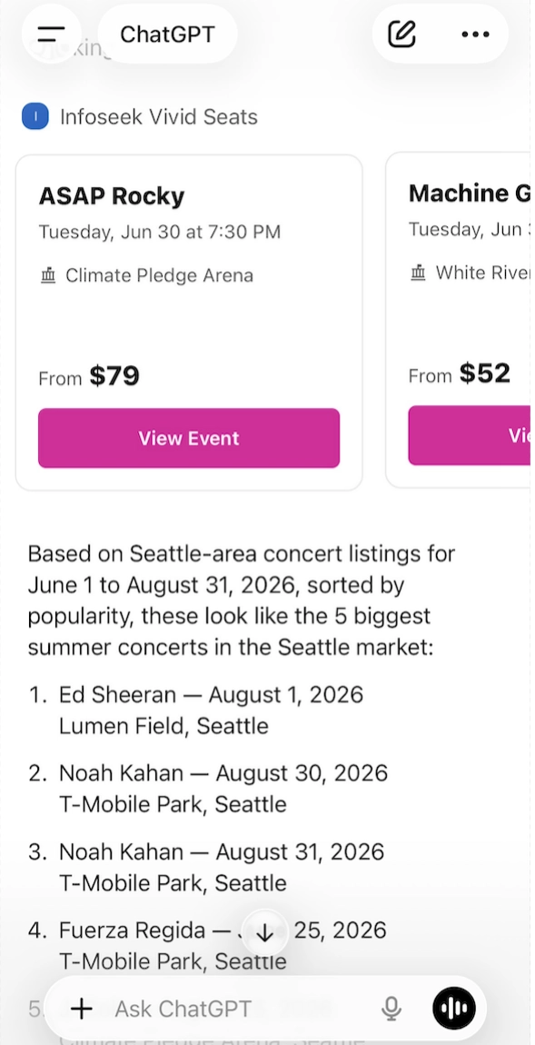Vivid Seats MCP demo in ChatGPT